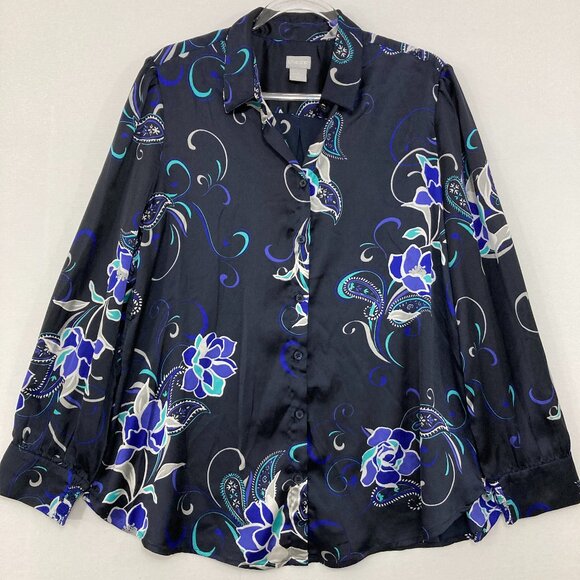 Chico's size 12/14 Black Blue Floral Long Sleeve Button Down Office Career - Picture 1 of 10